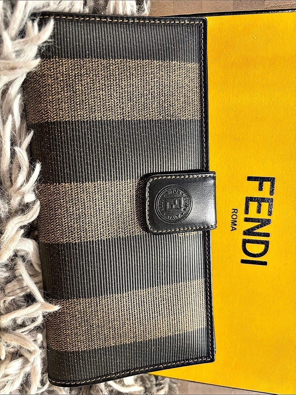 Fendi Pequin Stripe Long Wallet Brown & Black Striped Leather